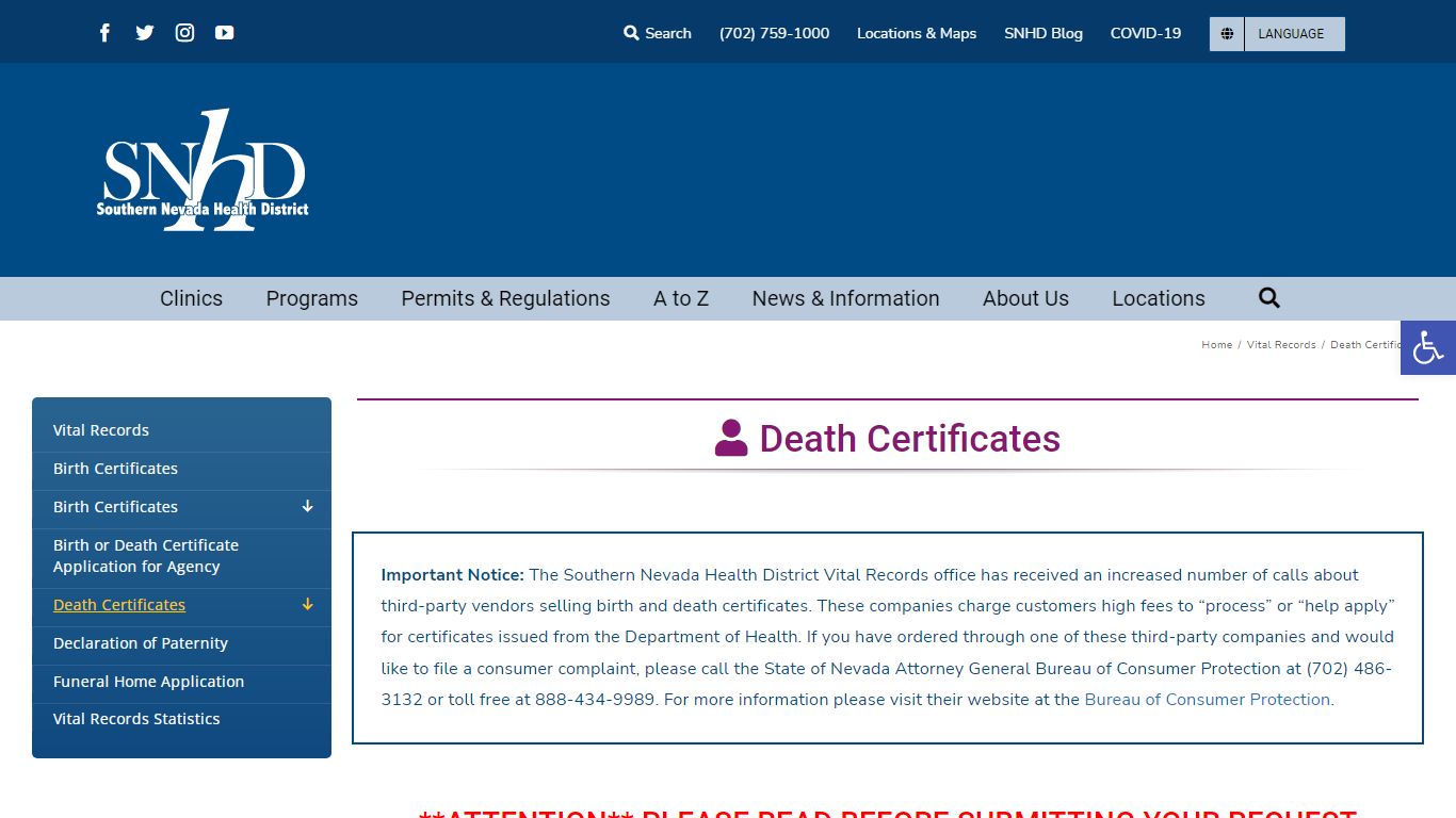 Death Certificates – Southern Nevada Health District